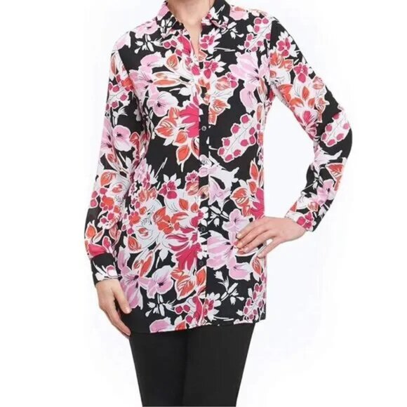 Foxcroft Jade Blooming Dark Floral Tunic Shirt Red Flower Size 22W - Picture 1 of 8